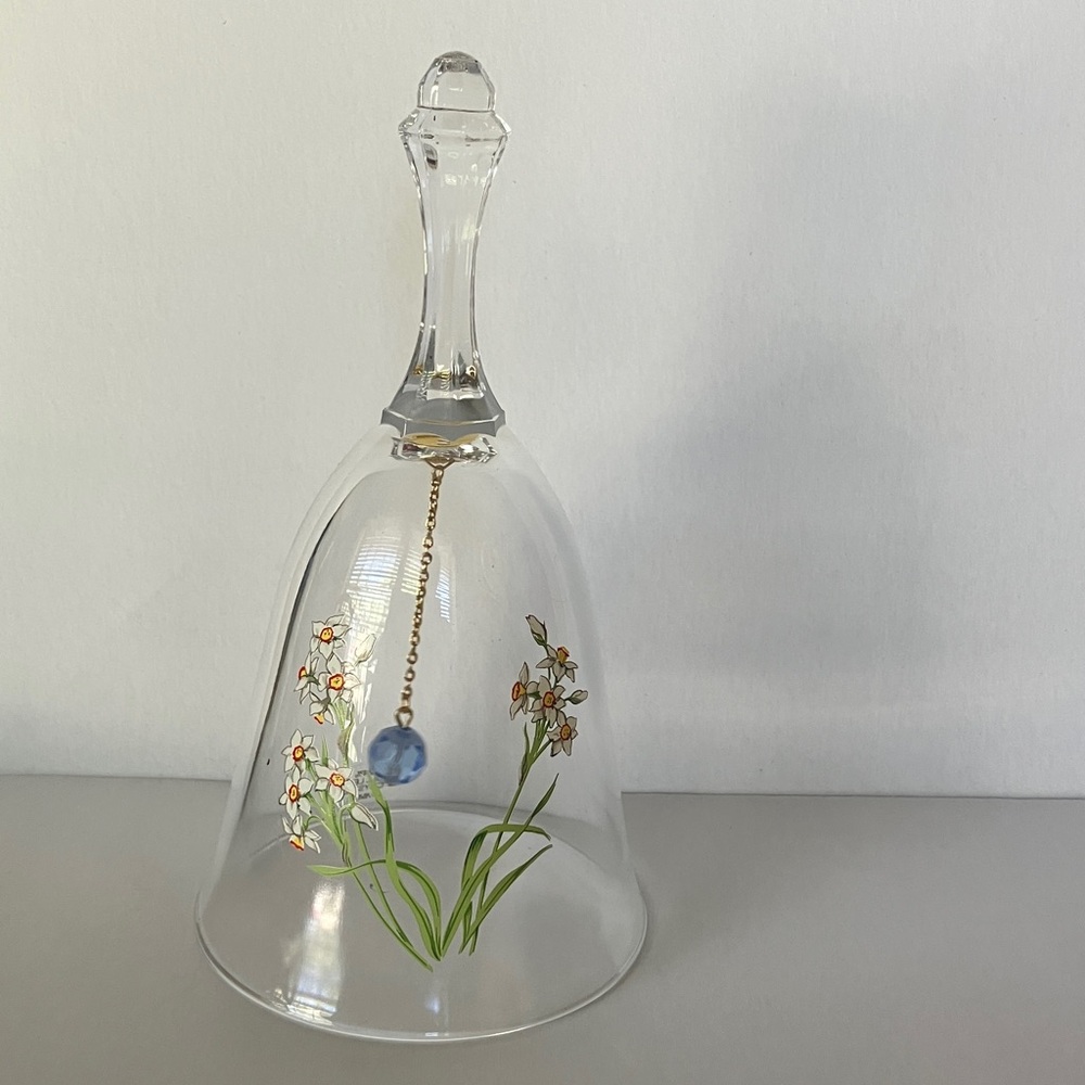 Glass Bell with Floral Daffodil Design and Blue Bead Clapper